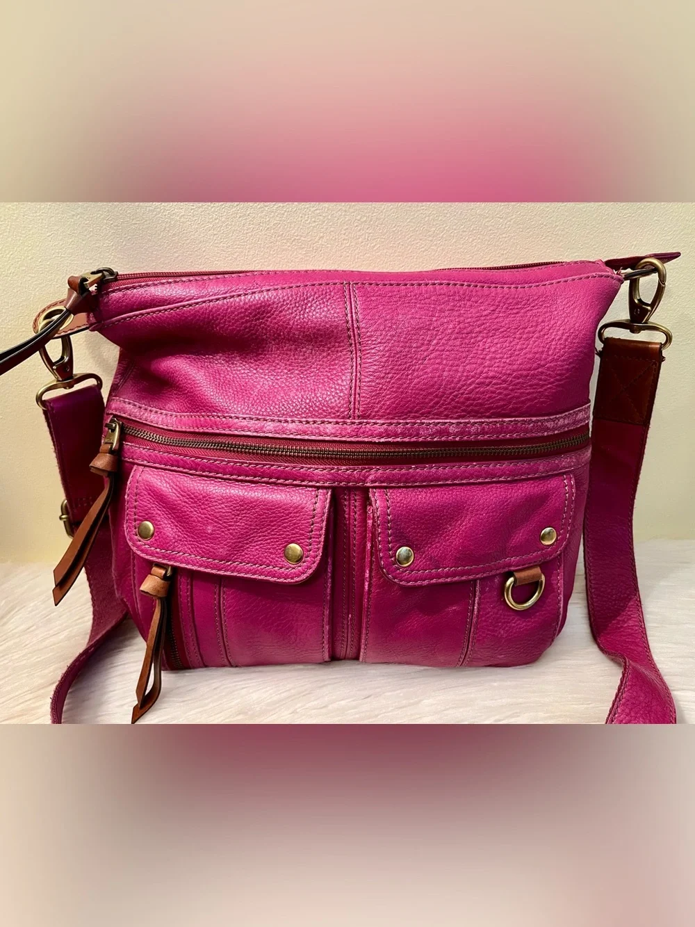 Vintage Fossil Magenta Leather Satchel Bag